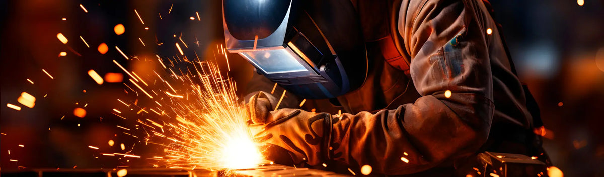 Welder with protective gear and sparks showcasing welding eye and face protection gear for maximum safety