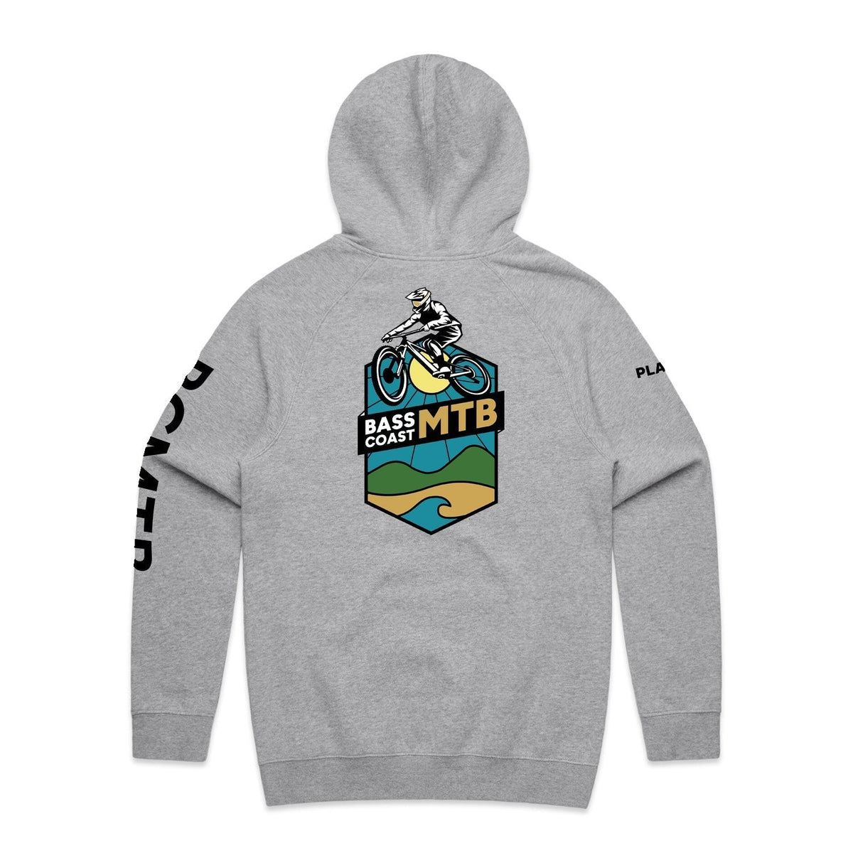 Gray hooded sweatshirt with a mountain biking graphic on the back.