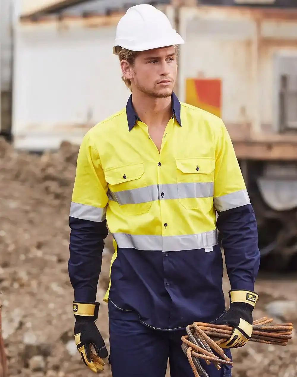 AIW Cool-Breeze L/S Safety Shirts - Fluoro Yellow/Navy / A(S) - Workwear