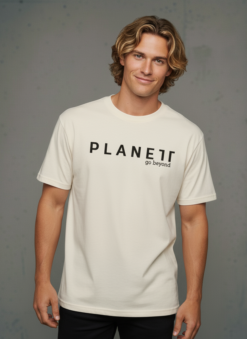 Kik oversize tee with cream cotton, black planet go beyond print, wide neck ribbing