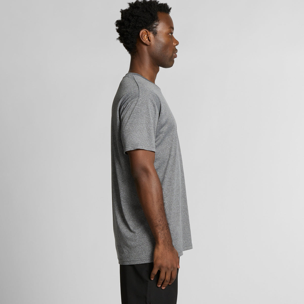 Heather gray short-sleeve t-shirt with textured pattern and ribbed neckline.