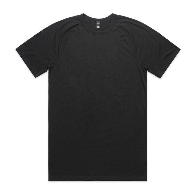 Black v-neck t-shirt with short sleeves and a pocket detail.