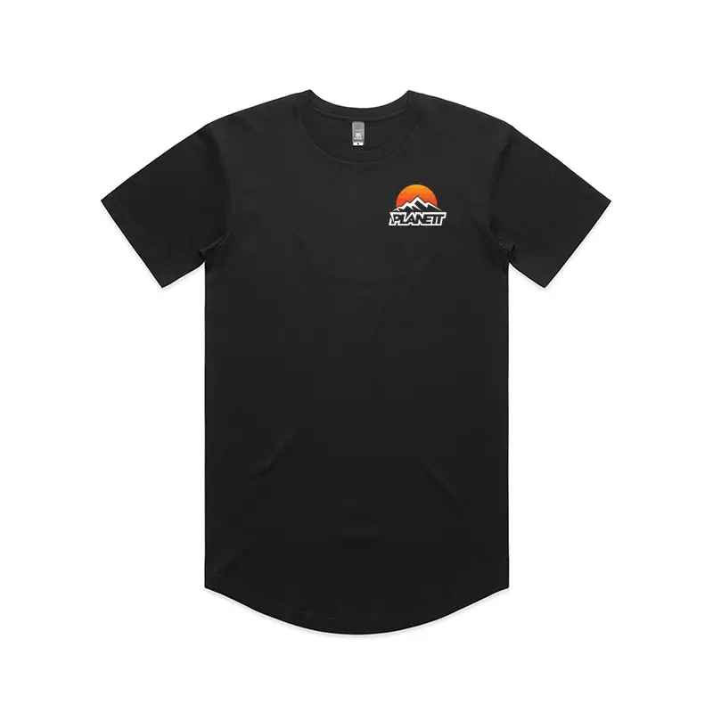 Black t-shirt with mountain logo.