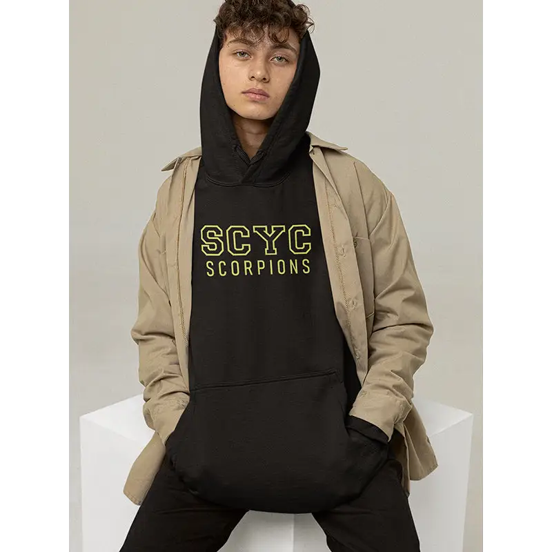 Black hoodie with yellow lettering.