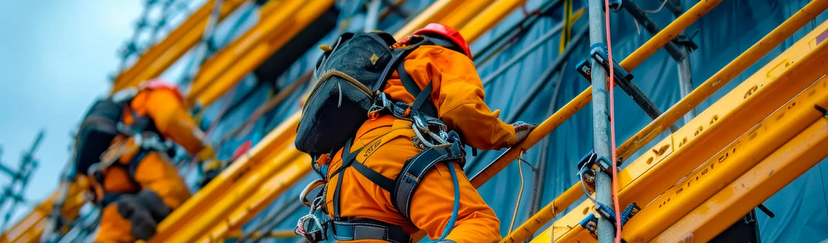 Construction workers climbing scaffolding with PPE fall protection gear for safety