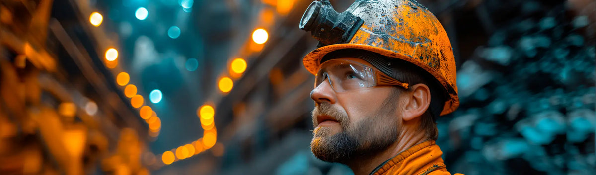 Miner wearing a hard hat with headlamp, showcasing PPE hard hat parts and accessories.