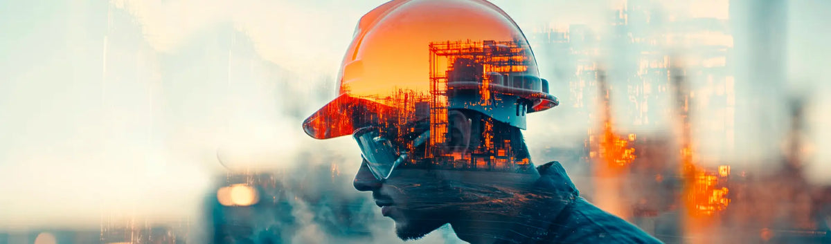 Construction worker with industrial scene showcasing PPE protective wear for safety