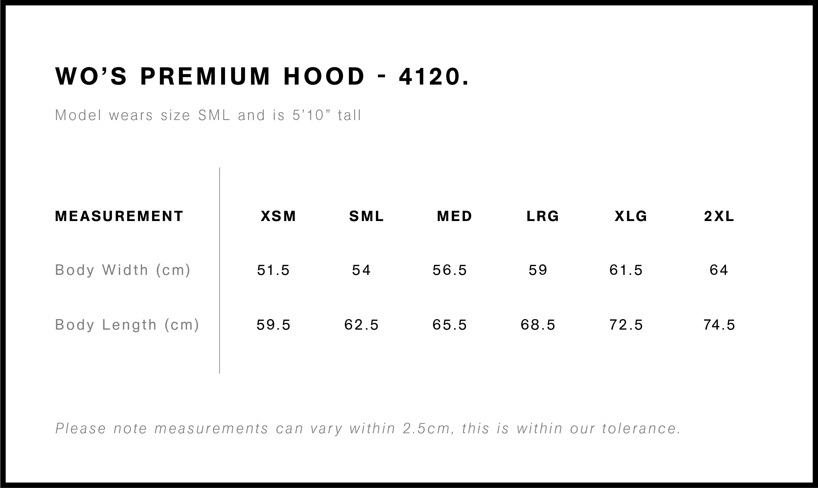 AS Womens Heavy Hoodie size chart