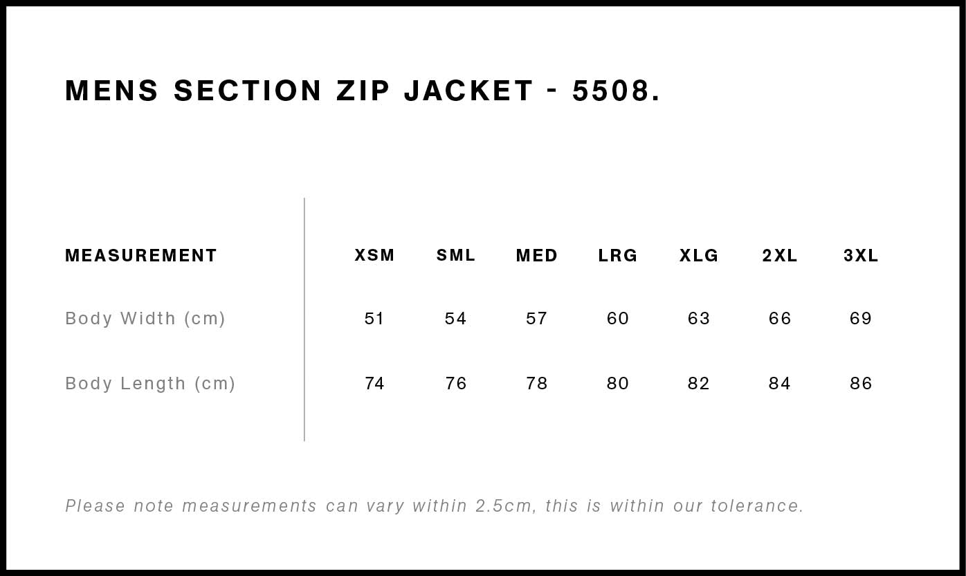 Section Zip Jacket | 5508 size chart