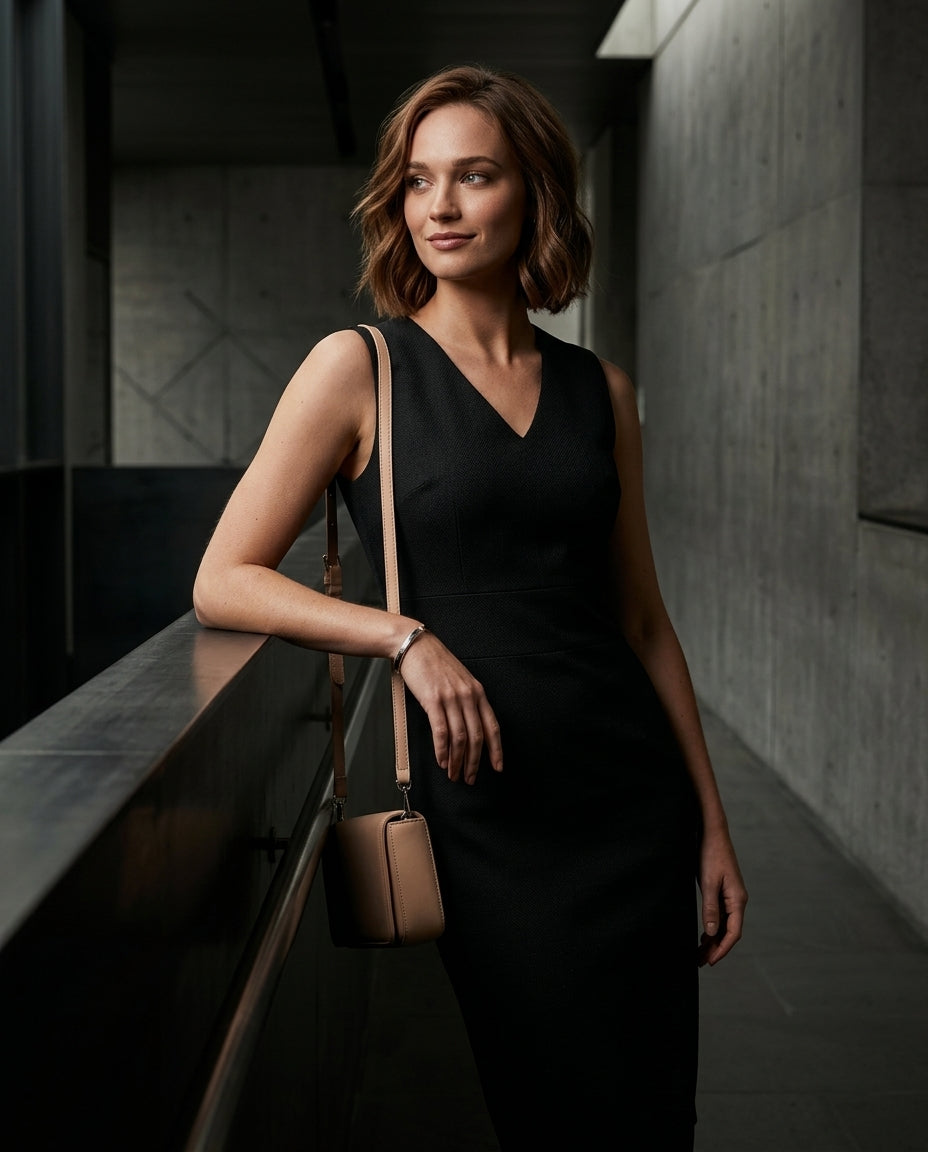 A woman with short brown hair stands in a modern concrete corridor, wearing a sleeveless black V-neck dress and carrying a small tan shoulder bag.