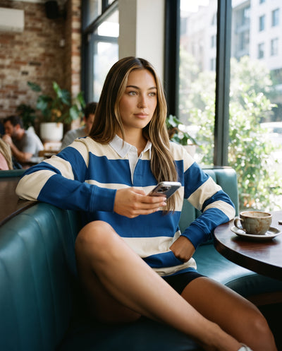 A woman sitting in a teal booth at a cafe, wearing a blue and white striped rugby-style long-sleeve shirt and holding a smartphone.