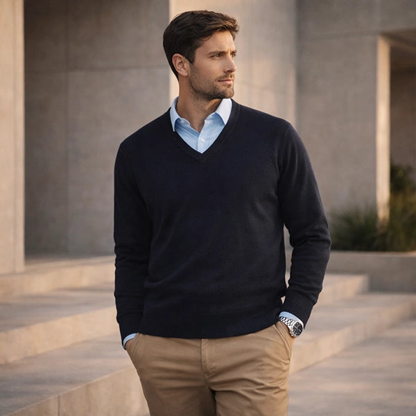 Man wearing navy corporate knitwear sweater over light blue shirt in Australia for office uniforms and professional business workwear