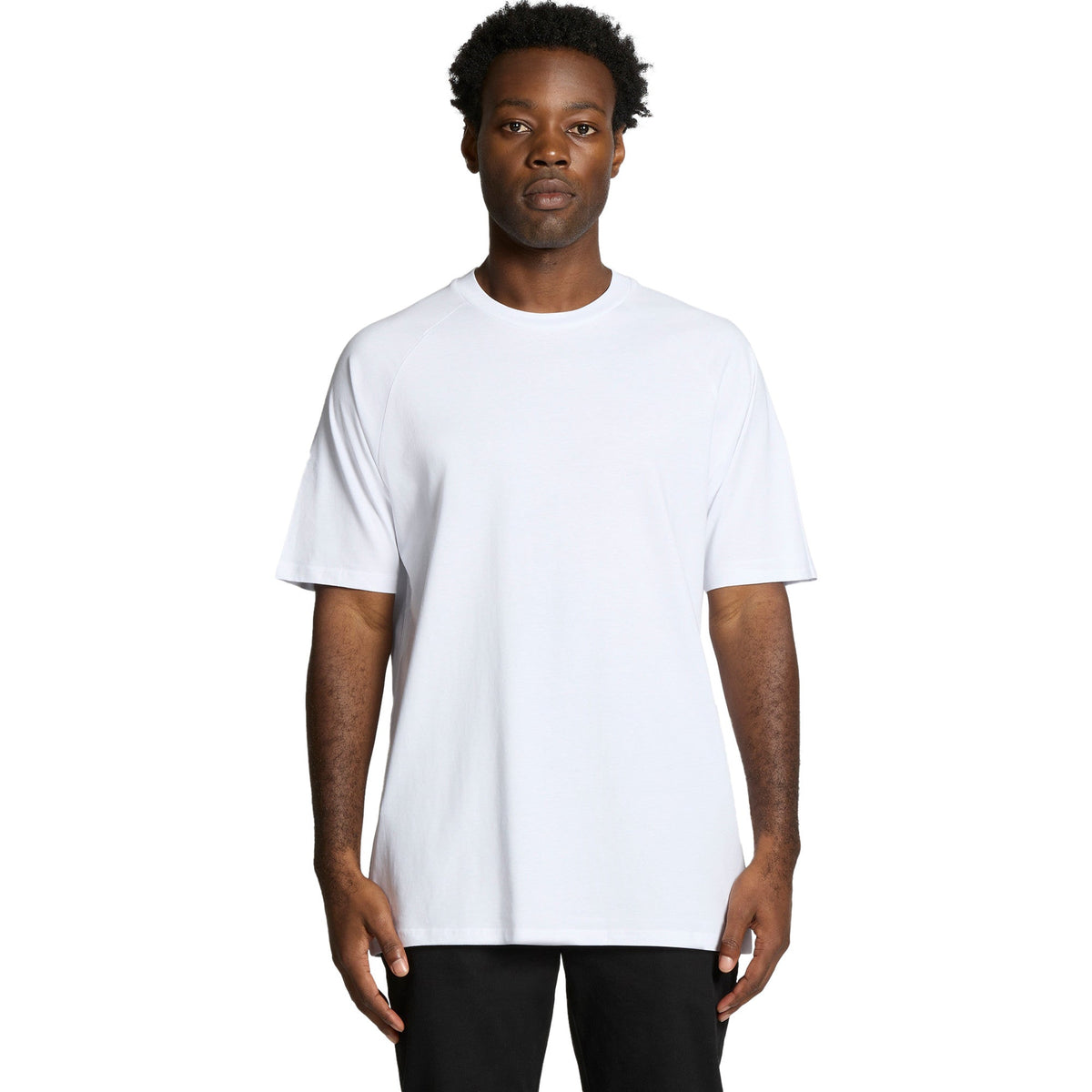 White crew neck t-shirt with short sleeves and a relaxed fit.