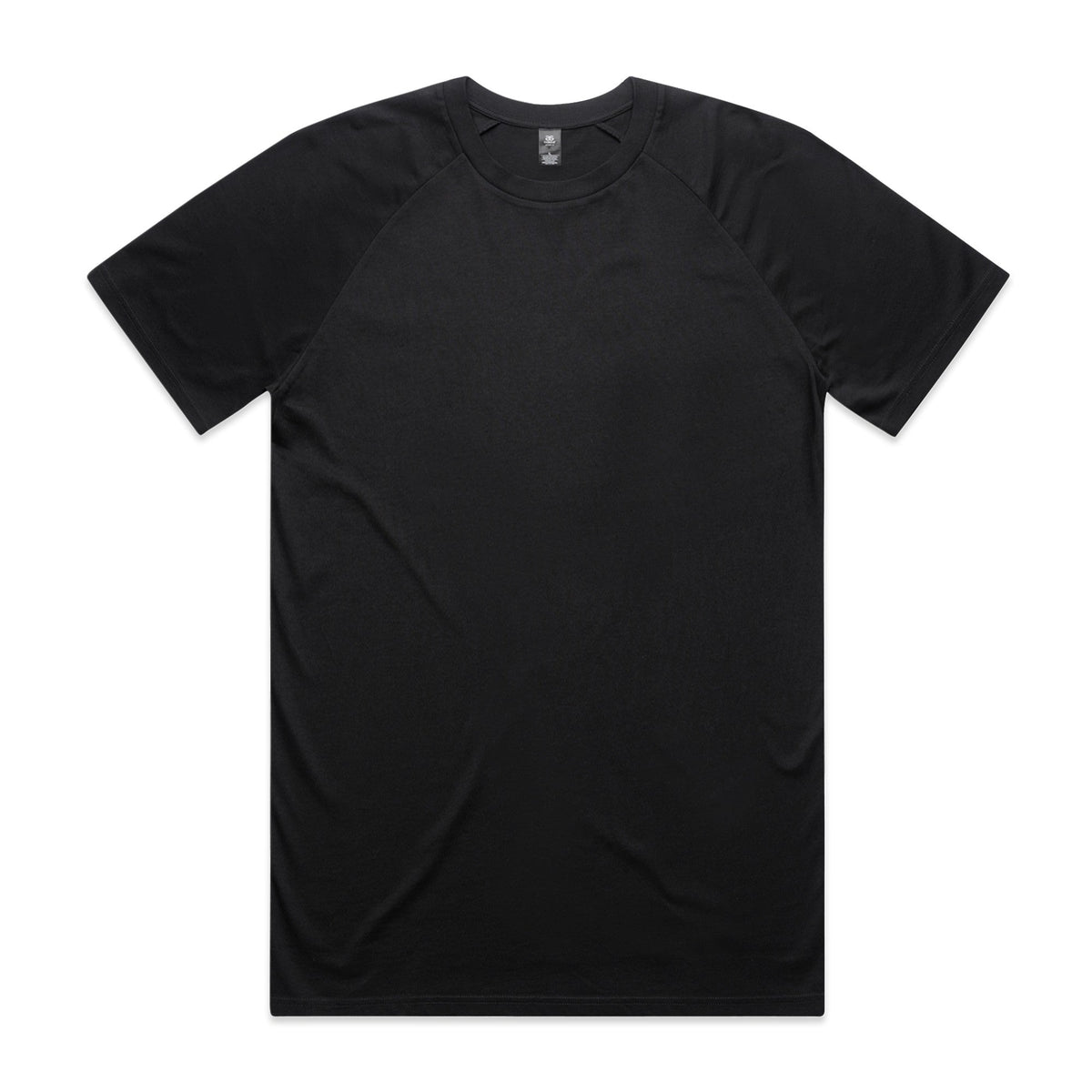 Black crew neck t-shirt with short sleeves and a ribbed neckline, made of cotton.