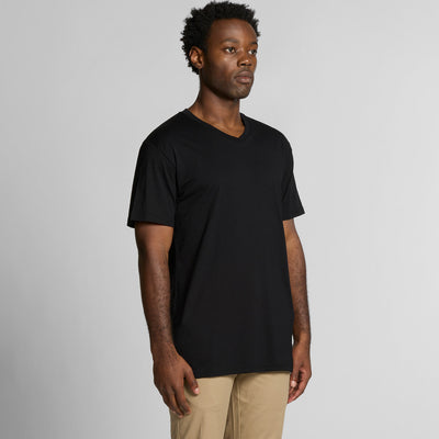 Black v-neck t-shirt with short sleeves and ribbed neckline, made of cotton.