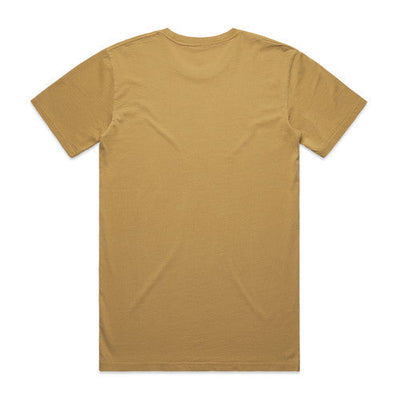 Mustard yellow t-shirt with short sleeves and a crew neck.
