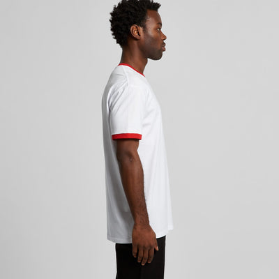 White and red short-sleeved jersey shirt with black pants.