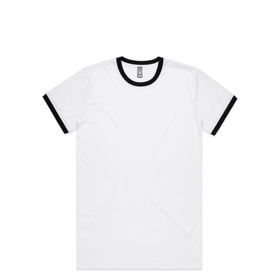 White t-shirt with black ringer collar and cuffs, made of cotton.