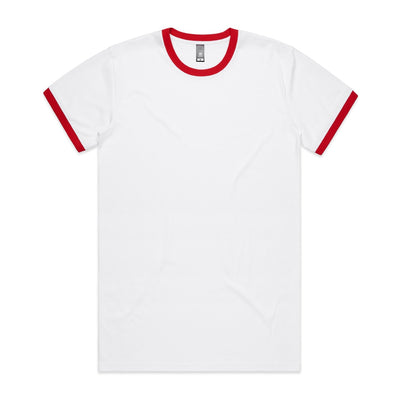 White t-shirt with red trim and collar, made of cotton.