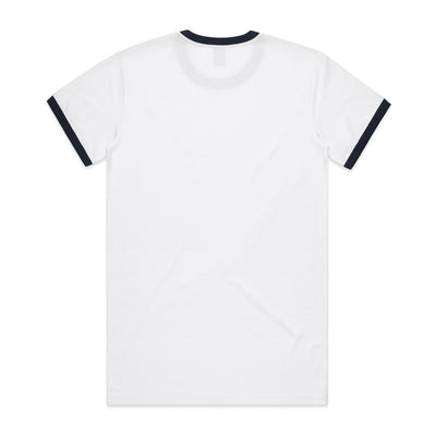 White ringer t-shirt with black trim and ribbed neckline, made of cotton.