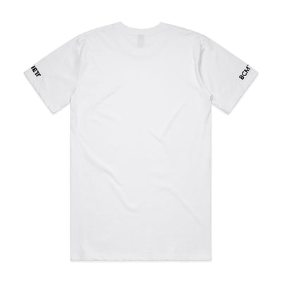 White short-sleeved t-shirt with text on both sleeves.