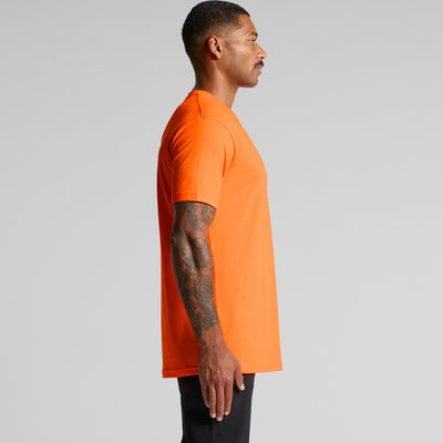 Neon orange t-shirt with short sleeves and ribbed neckline, likely made of cotton or polyester blend.