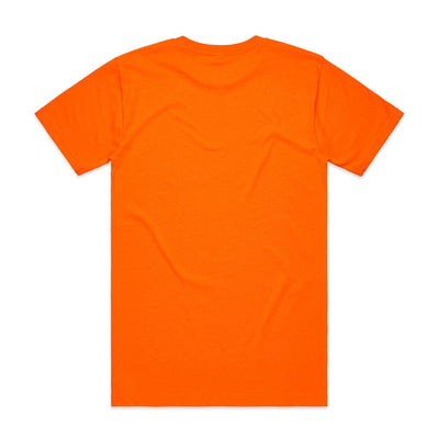 Orange t-shirt with short sleeves and a crew neck.