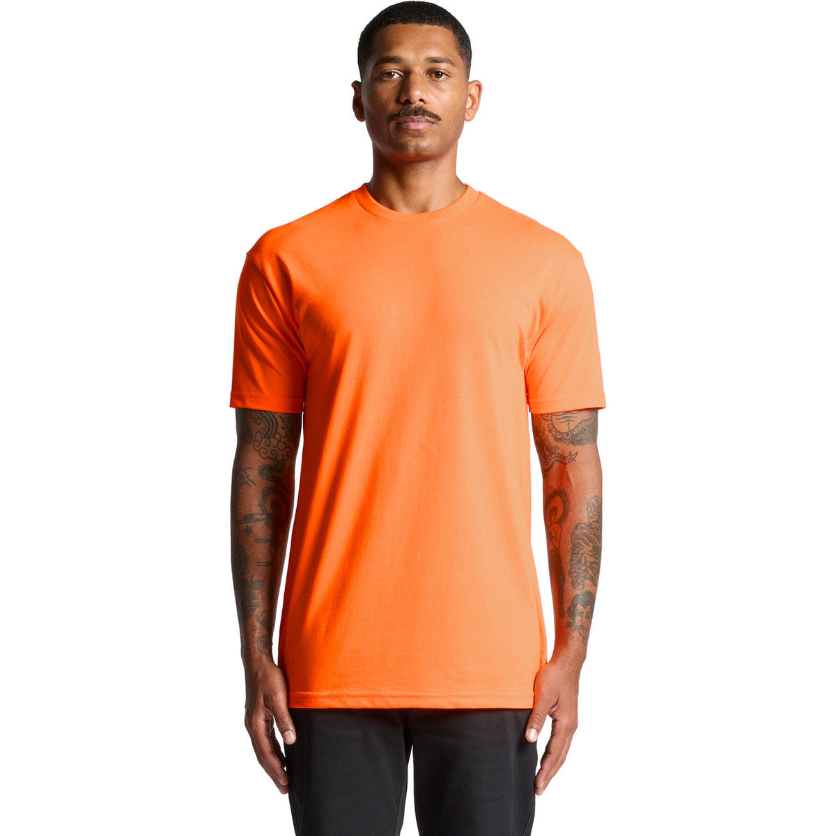 Neon orange t-shirt with short sleeves and crew neck, likely made of cotton or polyester blend.