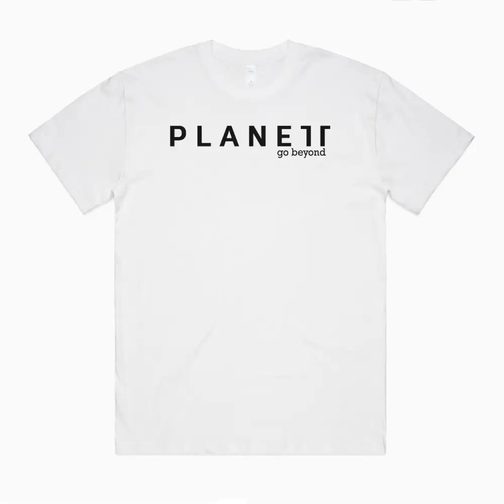 Kik Oversize Tee with white short-sleeve, black planet go beyond print, wide neck ribbing
