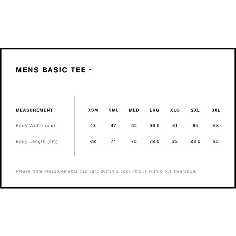 Men’s basic tee size chart.