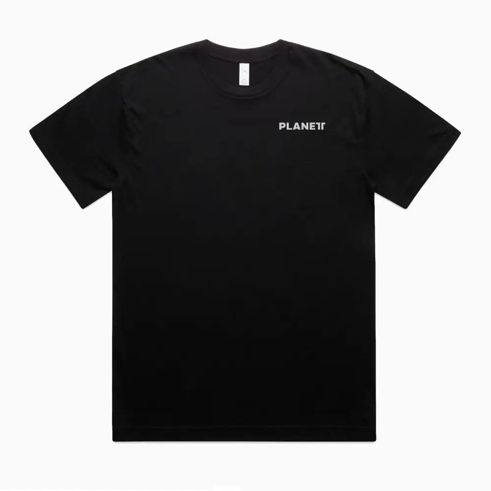 Lob oversize tee: black short-sleeve with white planet logo, wide neck ribbing