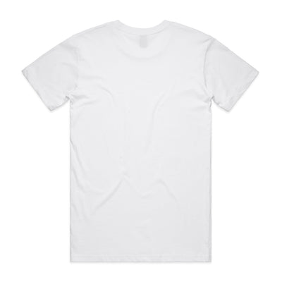 White crew neck t-shirt with short sleeves and a relaxed fit.