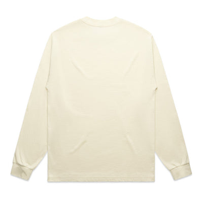 Cream-colored long-sleeved shirt with a pocket and ribbed cuffs.