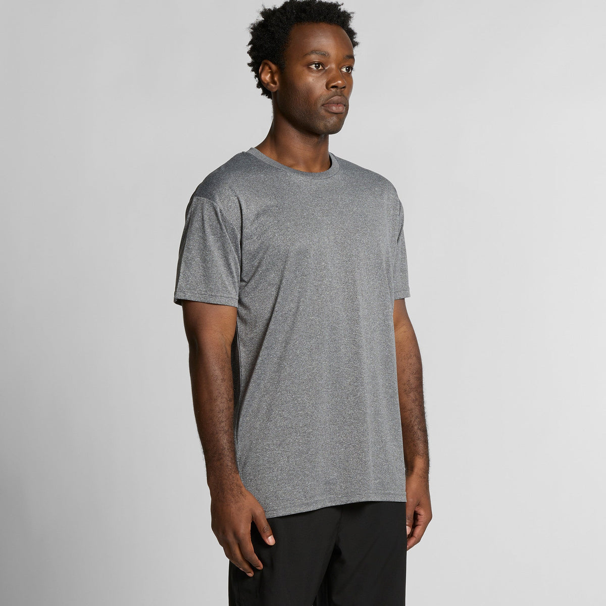 Gray and black speckled athletic t-shirt with a subtle pattern, likely made of polyester or cotton blend.