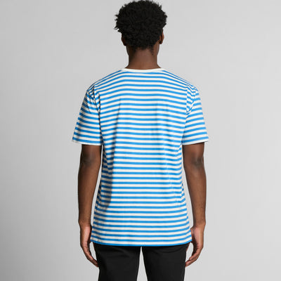 Blue and white striped t-shirt with a pocket on the back.