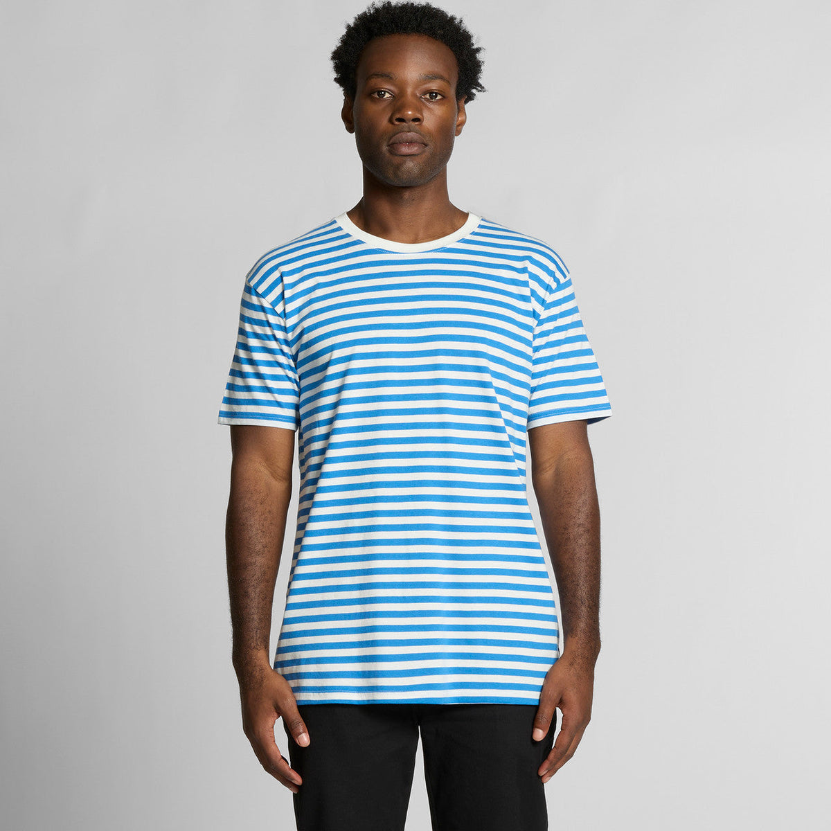 Blue and white striped t-shirt with a crew neck, short sleeves, and casual design.