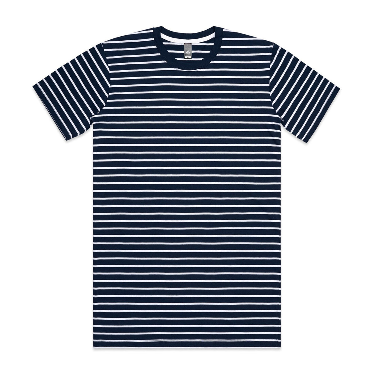 Navy and white striped t-shirt with a crew neck, short sleeves, and ribbed cuffs.