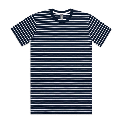Navy and white striped t-shirt with a crew neck, short sleeves, and ribbed cuffs.
