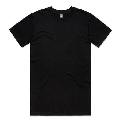 Black crew neck t-shirt with short sleeves and a ribbed neckline.