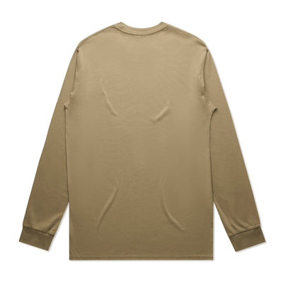 Beige long-sleeved t-shirt with ribbed cuffs and hem, likely made of cotton or polyester blend.