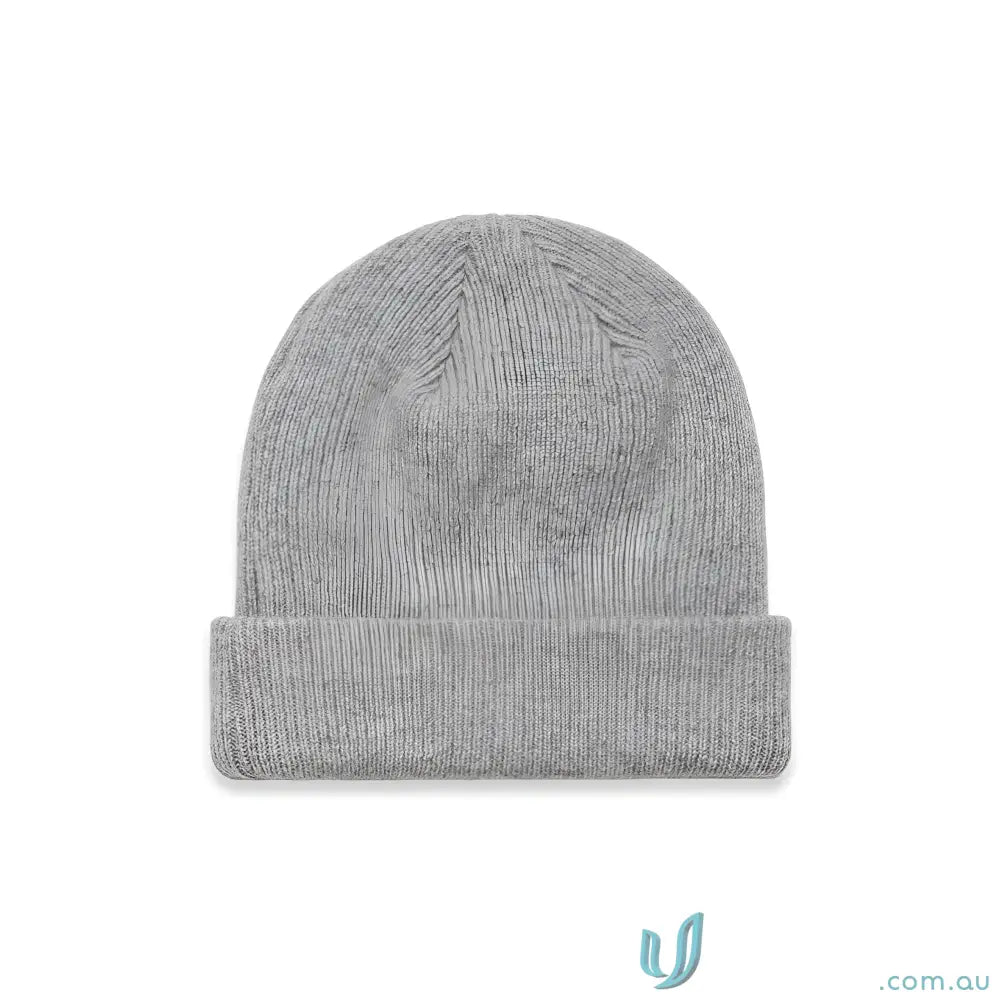 Light gray knit beanie with cuffed hem and longer body, perfect for winter warmth