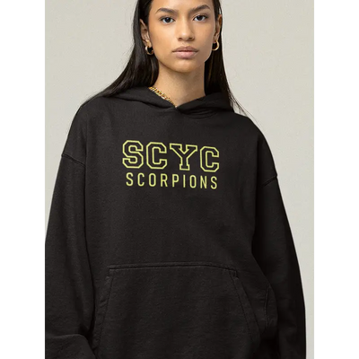 Black hoodie with yellow lettering.
