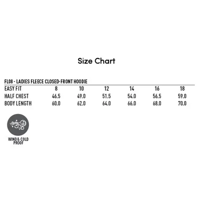 Ladies fleece hoodie size chart.