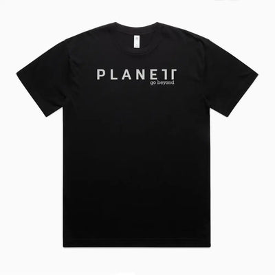 Black t-shirt with white text.