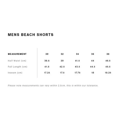 Men’s beach shorts size chart.