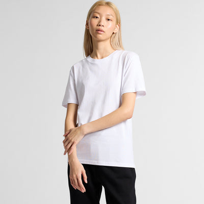 White crew neck t-shirt with short sleeves and a relaxed fit.