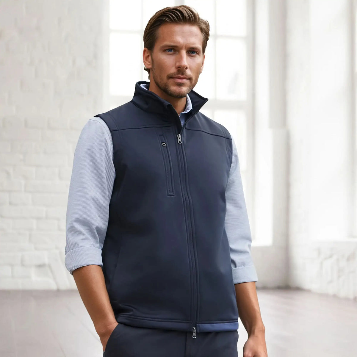 Man wearing navy U:Tech SoftShell Vest, a men’s softshell vest to stay warm and look cool