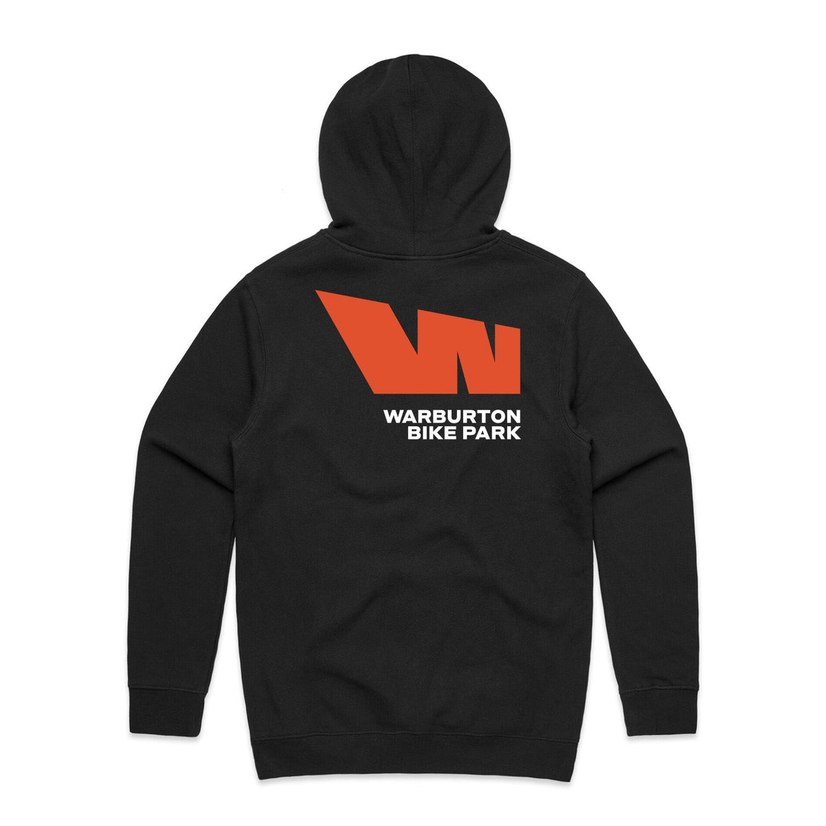 Black hoodie with orange logo.