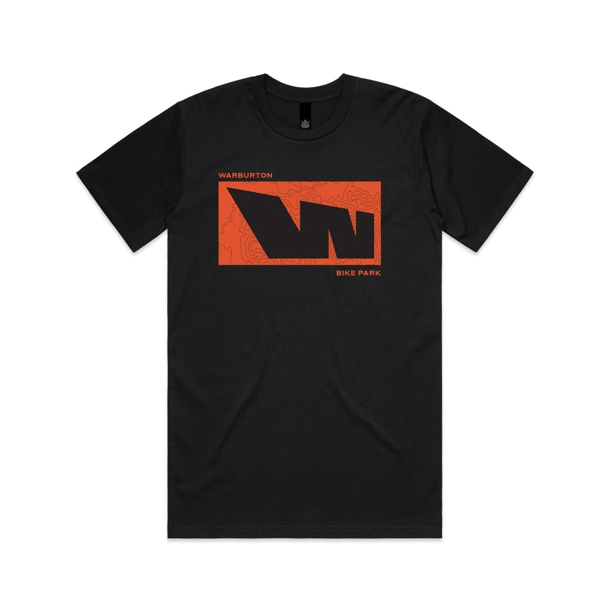 Black t-shirt with orange graphic.