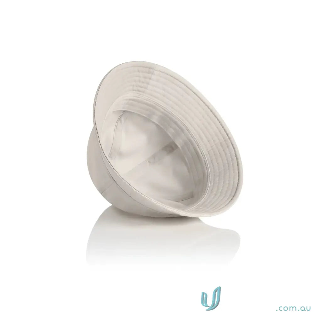 Light-colored plain brim bucket hat with reinforced short brim for style and durability